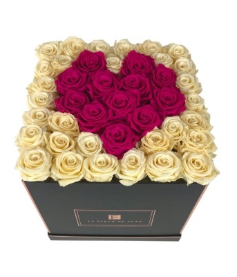 Heart-Shaped Champagne & Hot Pink Rose Arrangement in a Box