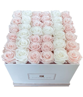 Letter H Shaped White & Baby Light Pink Roses Bouquet in a Large White Square Box
