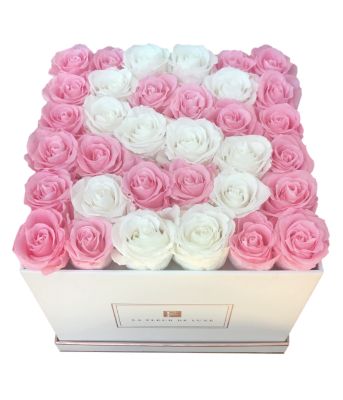 Letter S Shaped White & Pink Roses Arrangement in a Medium White Square Box
