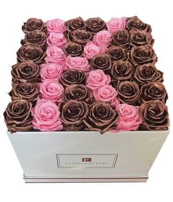 Letter K Shaped Rose Gold & Pink Roses Arrangement in a Large White Square Box