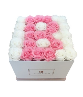 Initial Letter B Shaped White & Pink Roses Arrangement in a Medium  White Square Box