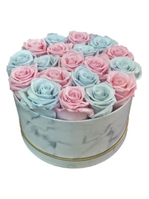 Light Blue and Pink Pattern Roses That Last a Year in a Medium Marble Round Box