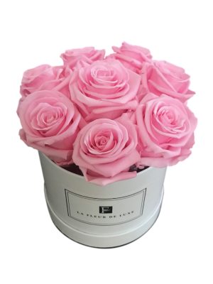 Pink Long Lasting Roses Bouquet in a Small Round White Box