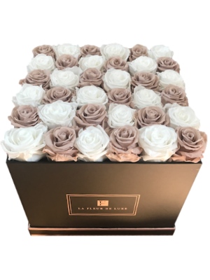 Taupe & White Roses That Last a Year in a Square Box