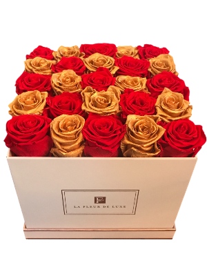 Gold & Red Lasting Roses in a Square Box