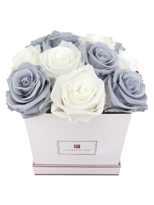 Grey & White Long Lasting Rose Arrangement in a Small Square Box