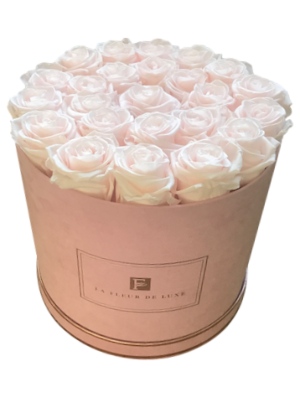Baby Light Pink Rose Arrangement in a Large Round Suede Box
