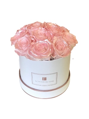 Dome-Shaped Pearl Touch Pink Roses in a Small White Round Box