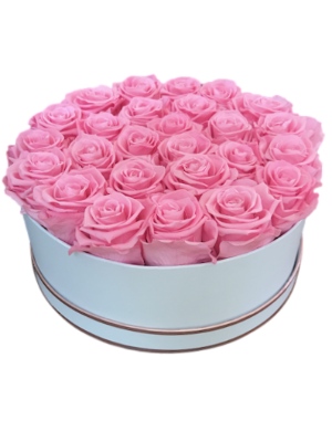 Pink Long Lasting Rose Arrangement in a Large Round Tabletop Box