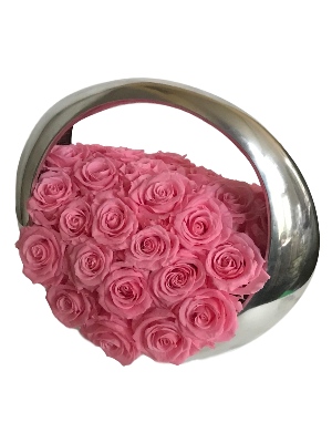 Pink Long Lasting Rose Arrangement in a Silver Ring Decorative Bowl