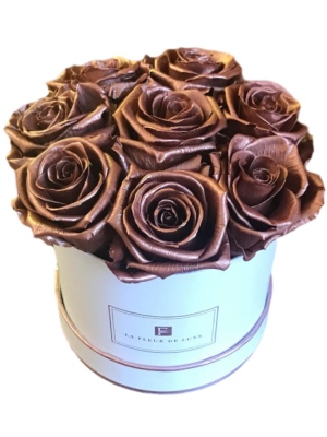 Dome-Shaped Metallic Eternity Rose Arrangement in a Small Round Box