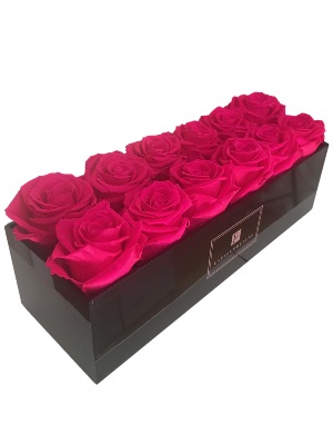 Hot Pink Lasting Roses in a Small Acrylic Black Box