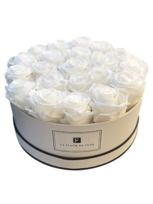 Roses That Last a Year in a Large Tabletop Round White Box