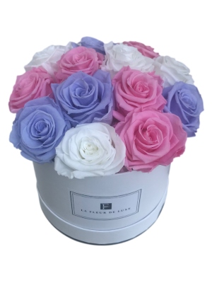Tri-Color Dome-Shaped Lasting Rose Flower Arrangement in Small Round White Box