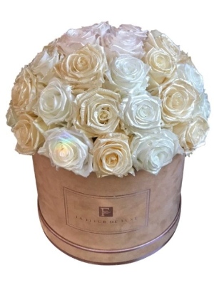 Dome-Shaped Pearl Touch Forever Rose Arrangement in a Medium Suede Box