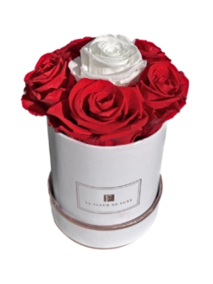Bouquet of Red Roses with White Center That Last a Year in a X-Small Round Box